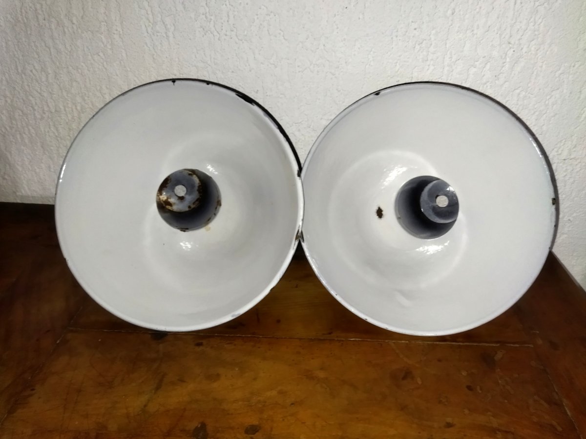 Vintage Industrial Reflectors, Black And White Enamelled Sheet Metal Industrial Lighting-photo-4