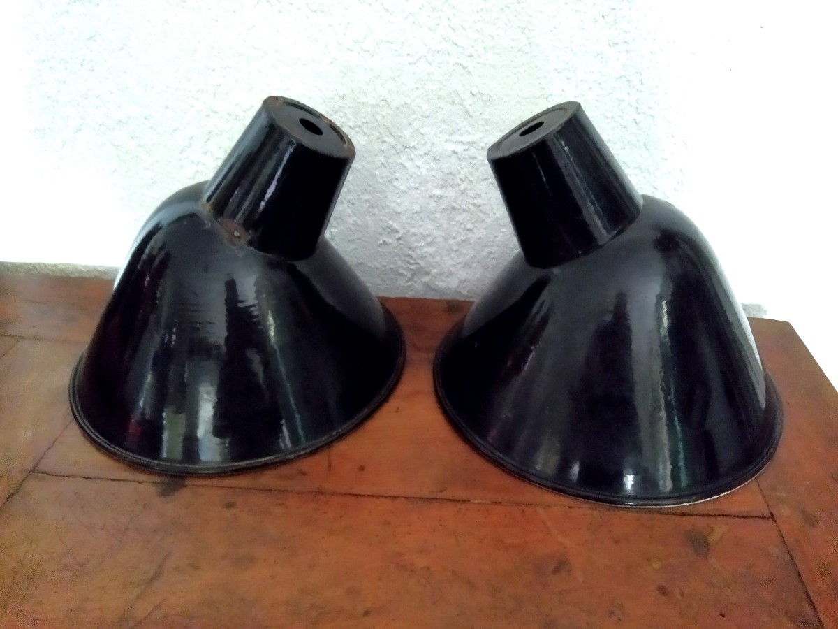 Vintage Industrial Reflectors, Black And White Enamelled Sheet Metal Industrial Lighting
