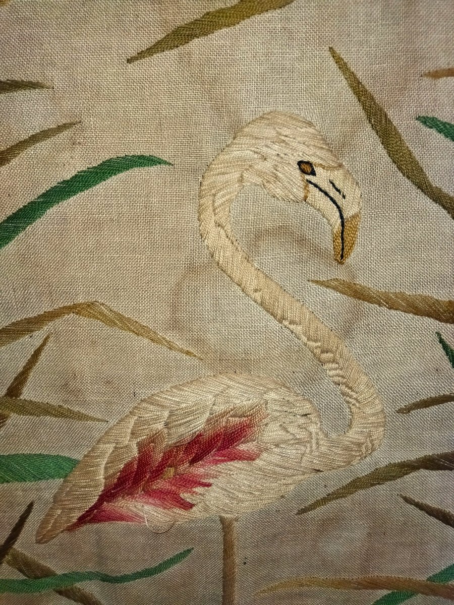 Écran de Cheminée Ancien Tissu brodé au Fil Décor FLAMAND ROSE XIX -photo-1