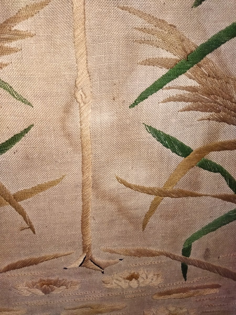 Écran de Cheminée Ancien Tissu brodé au Fil Décor FLAMAND ROSE XIX -photo-2