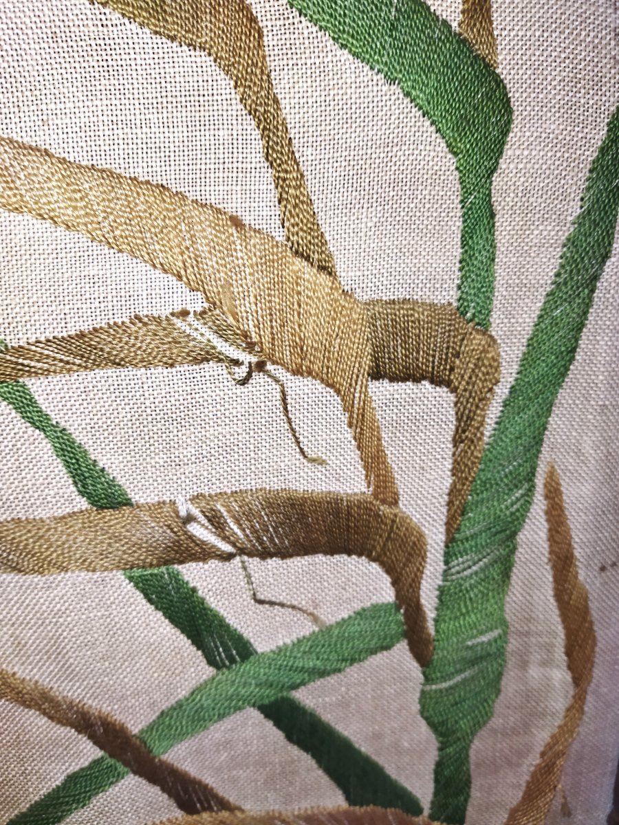 Écran de Cheminée Ancien Tissu brodé au Fil Décor FLAMAND ROSE XIX -photo-3