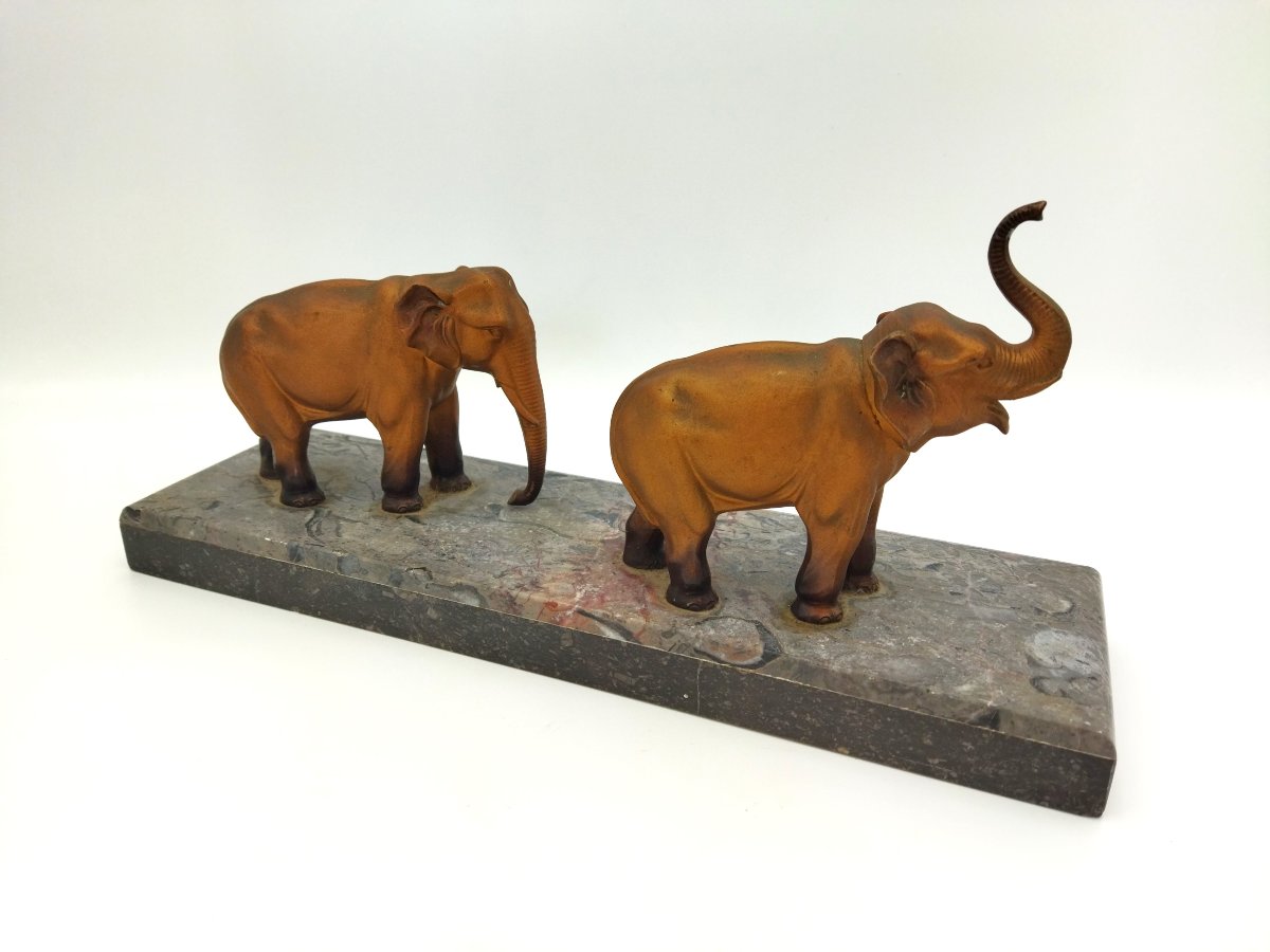 Paire d'Éléphants en Régule doré sur Semelle en Marbre-photo-3