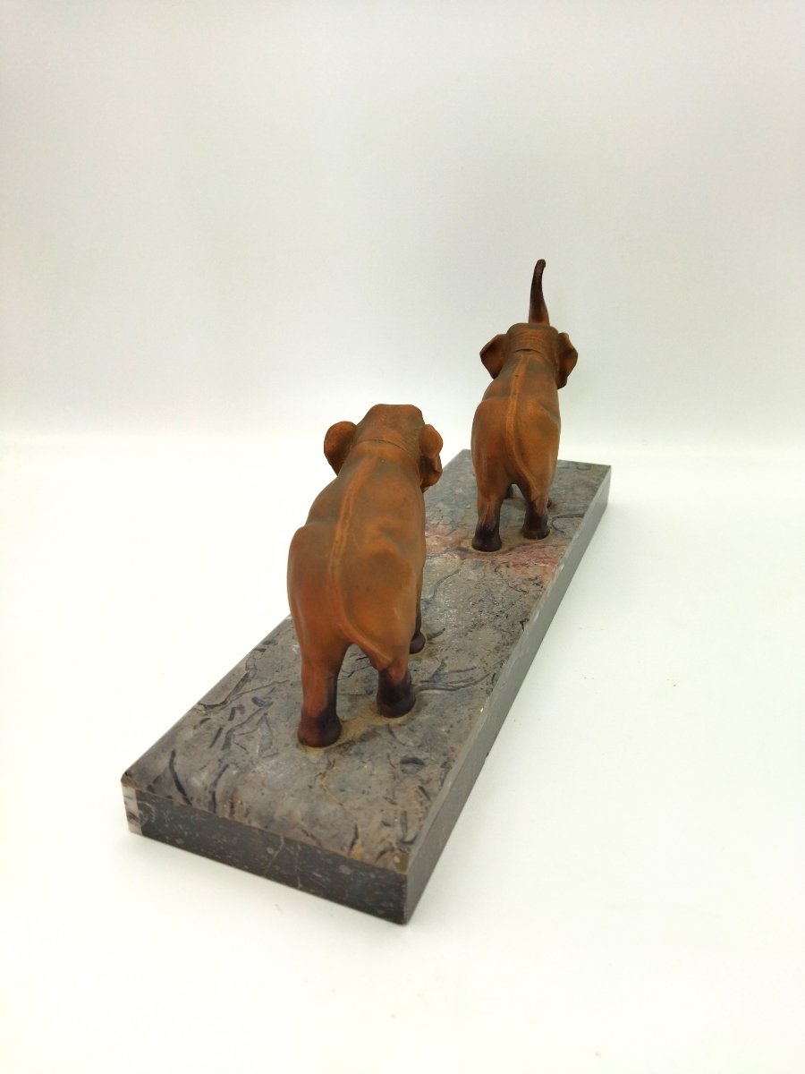 Paire d'Éléphants en Régule doré sur Semelle en Marbre-photo-4