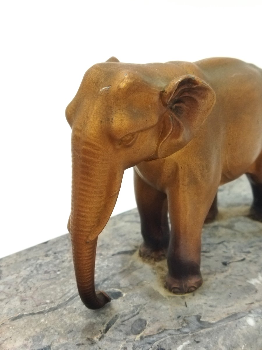 Paire d'Éléphants en Régule doré sur Semelle en Marbre-photo-3