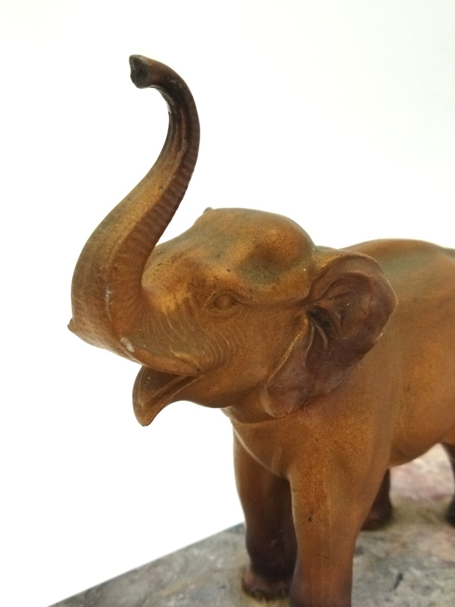 Paire d'Éléphants en Régule doré sur Semelle en Marbre-photo-4
