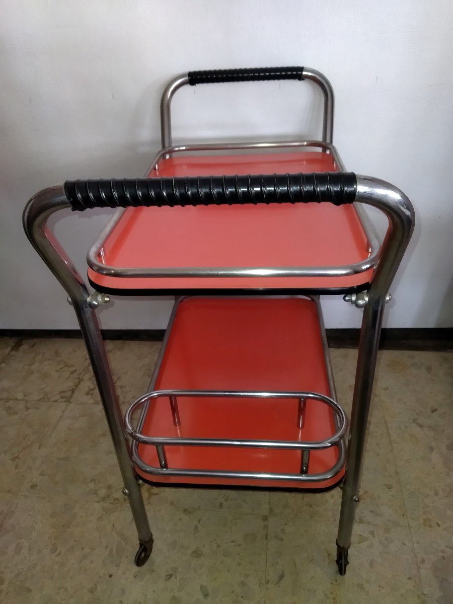 Vintage Chrome Tubular Serving Cart With Wheels And Removable Formica Top-photo-2