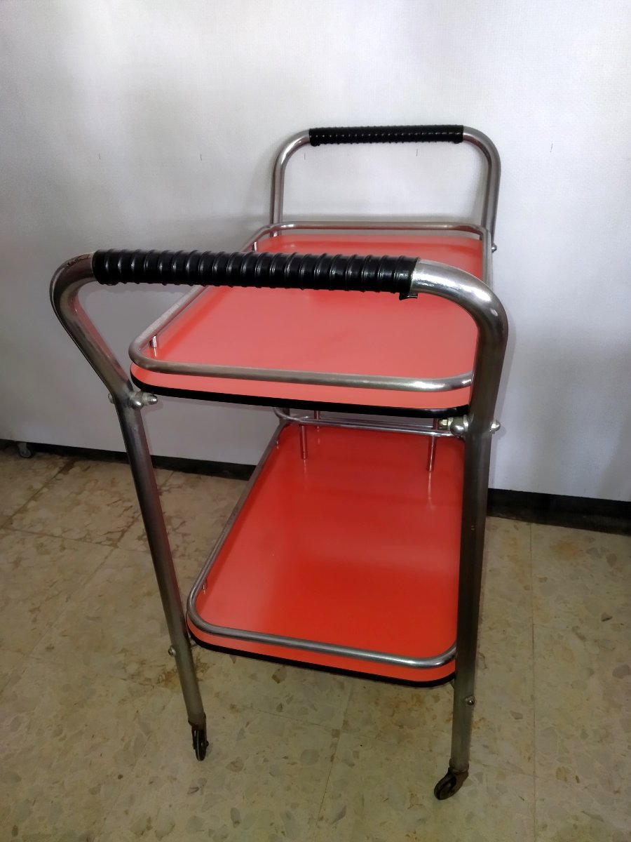 Vintage Chrome Tubular Serving Cart With Wheels And Removable Formica Top-photo-4