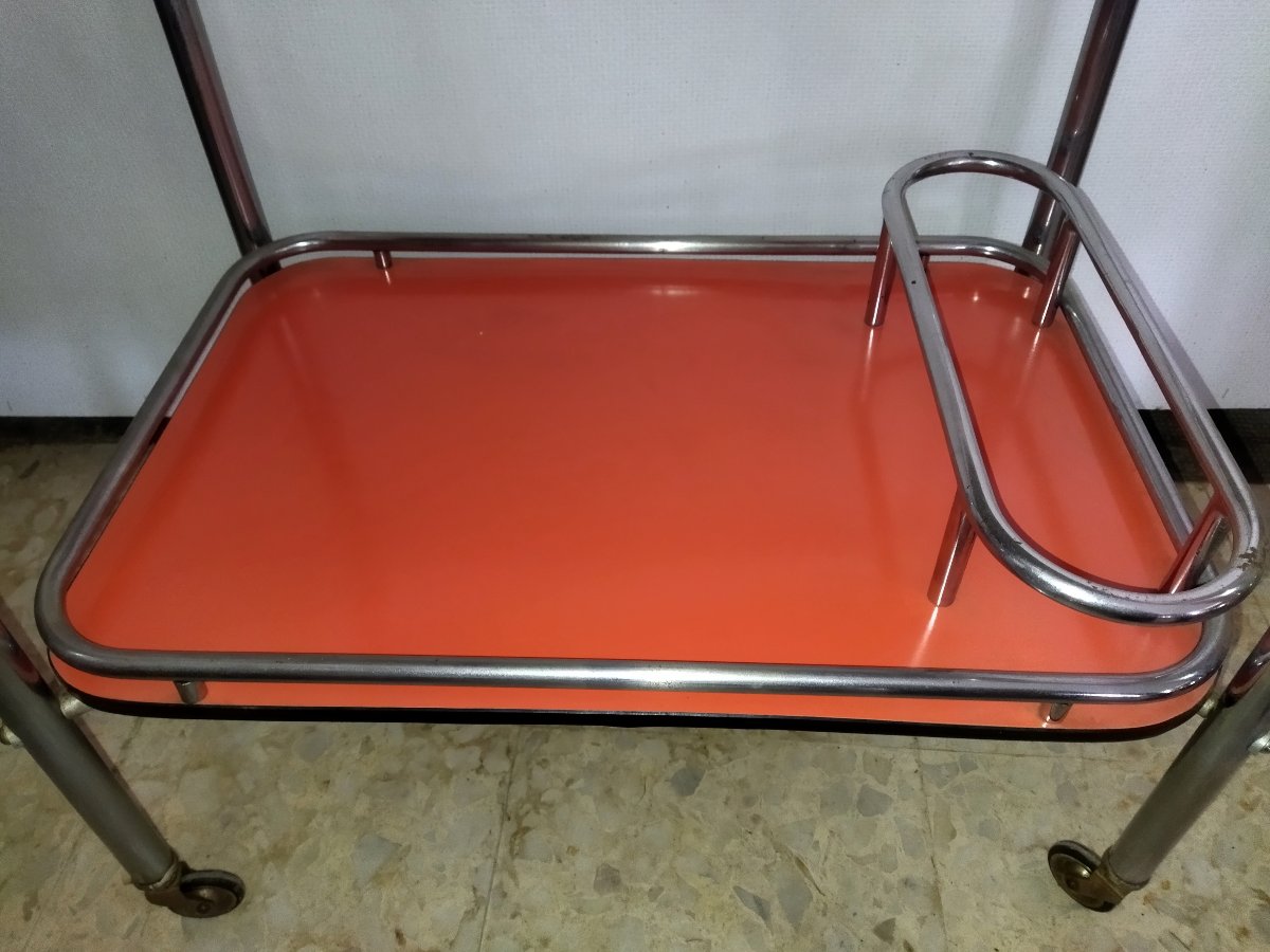 Vintage Chrome Tubular Serving Cart With Wheels And Removable Formica Top-photo-4