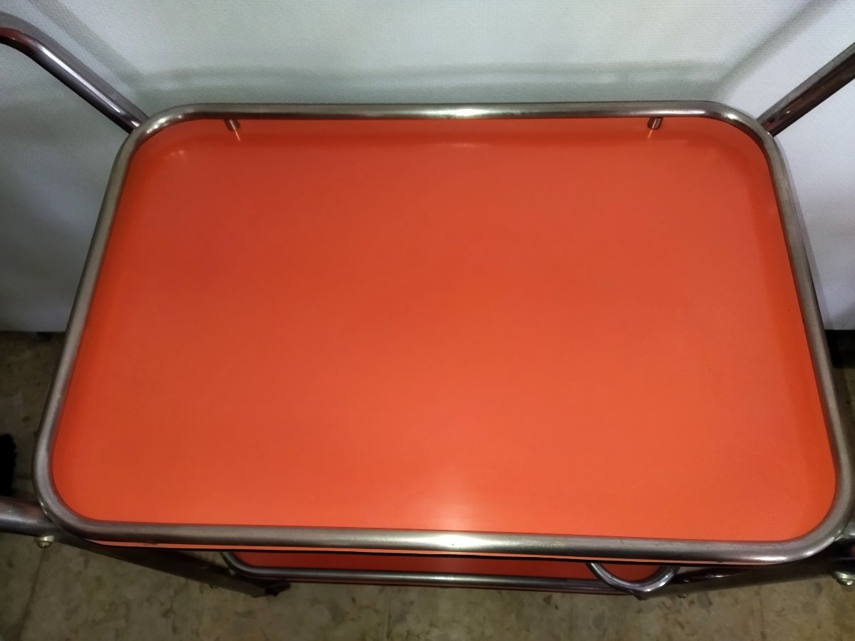 Vintage Chrome Tubular Serving Cart With Wheels And Removable Formica Top-photo-5