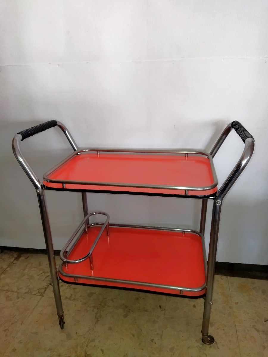 Vintage Chrome Tubular Serving Cart With Wheels And Removable Formica Top