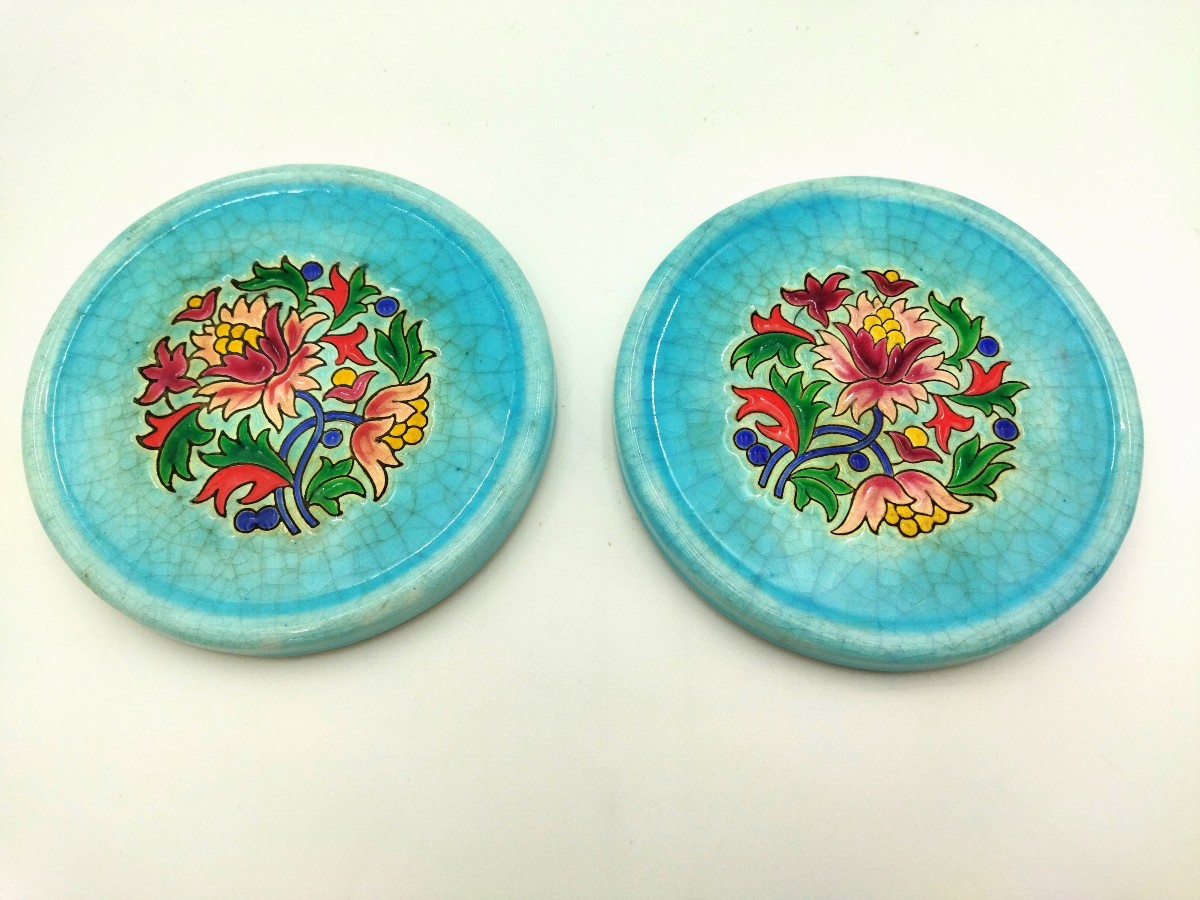 LONGWY Paire de Dessous de Bouteille Décor Floral Cloisonné ART DE LA TABLE