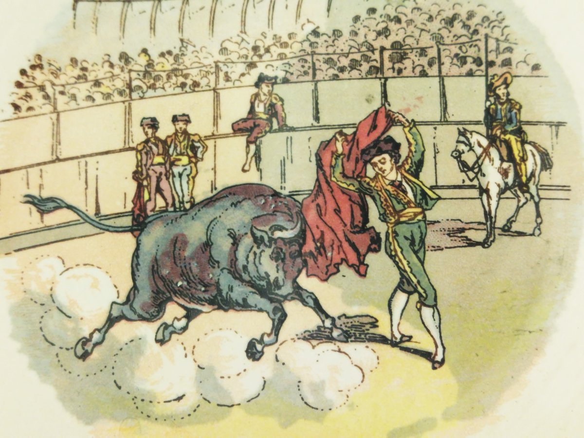 SARREGUEMINES  Assiette Légendée ancienne Décor au Taureau et Toréador  XIX COLLECTION-photo-1