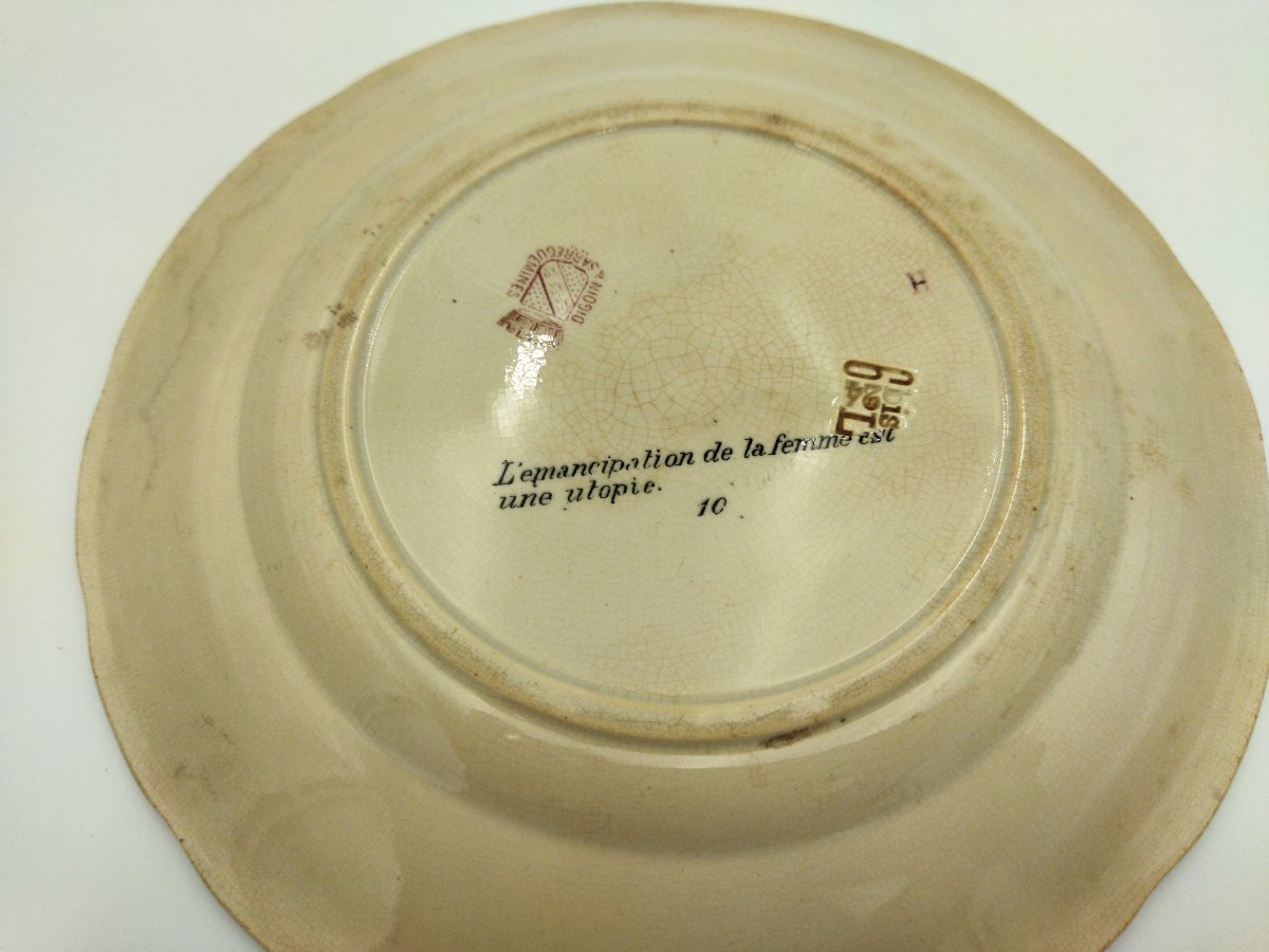 Sarreguemines 2 Antique Rebus Plates, Old Rose Earthenware, Sphinx Decoration, 19th Century Collection-photo-4