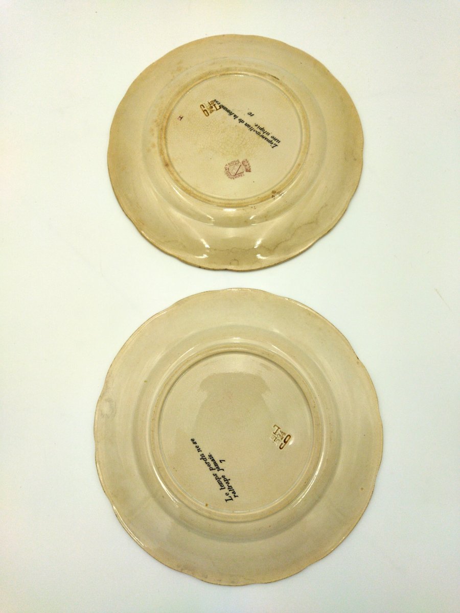 Sarreguemines 2 Antique Rebus Plates, Old Rose Earthenware, Sphinx Decoration, 19th Century Collection-photo-5