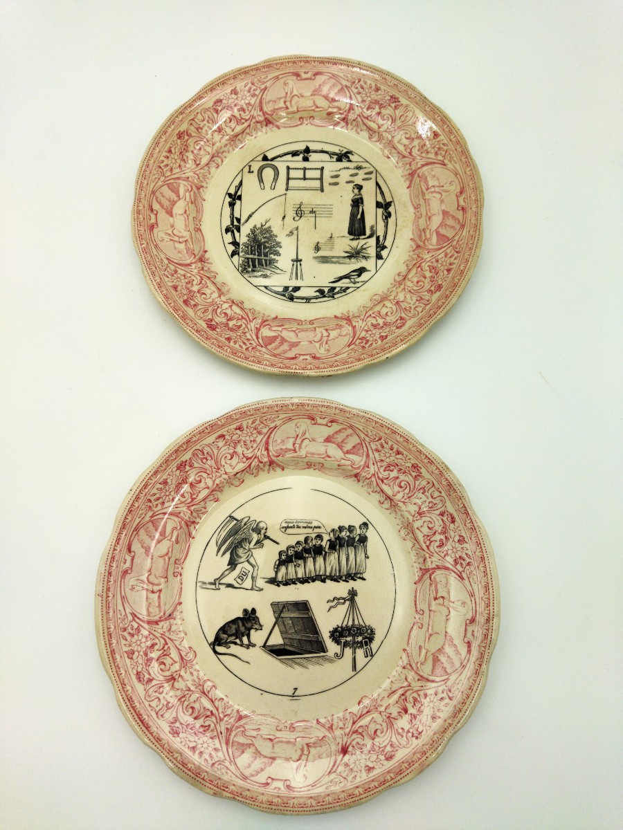 Sarreguemines 2 Antique Rebus Plates, Old Rose Earthenware, Sphinx Decoration, 19th Century Collection