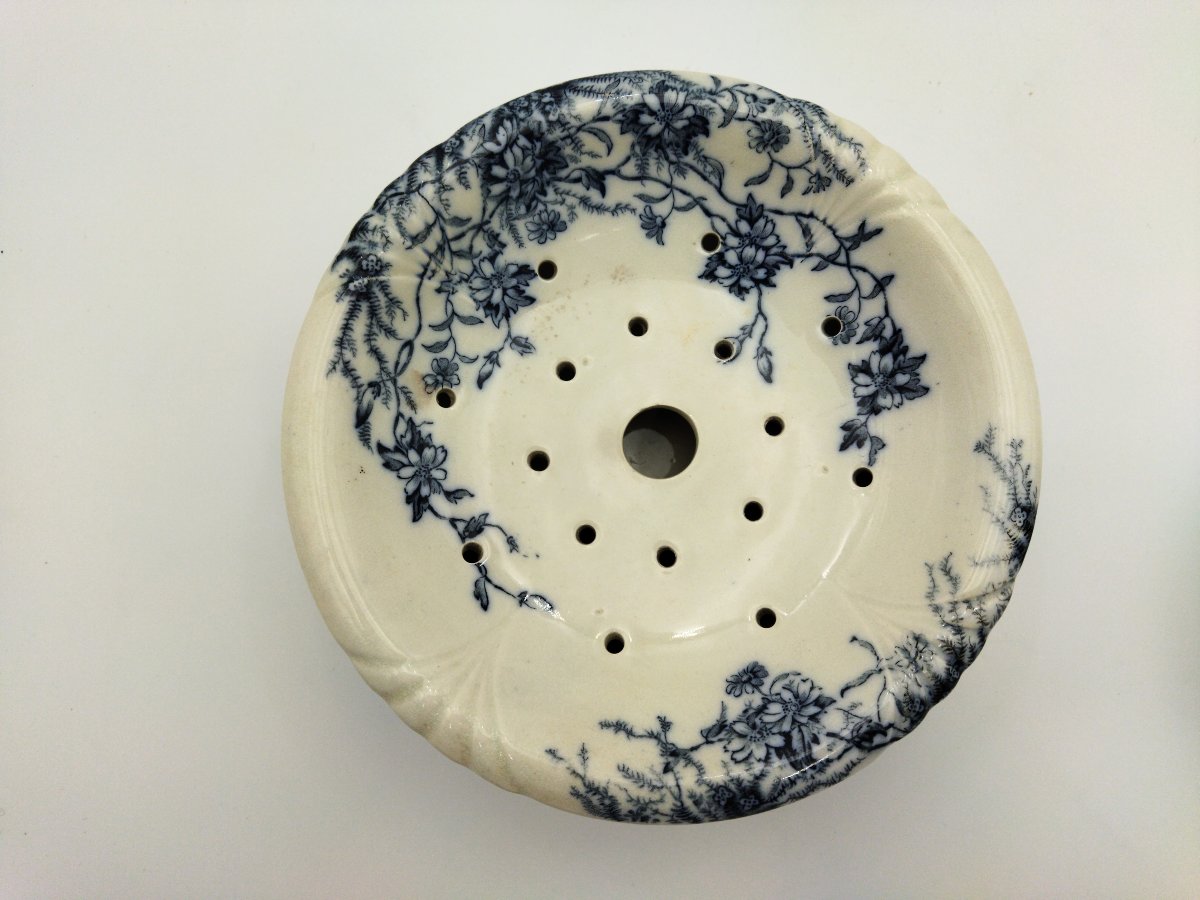 Jersey Antique Sponge Holder, Draining Rack And Shaving Bowl, English Ceramic, Blue Floral Decor-photo-5
