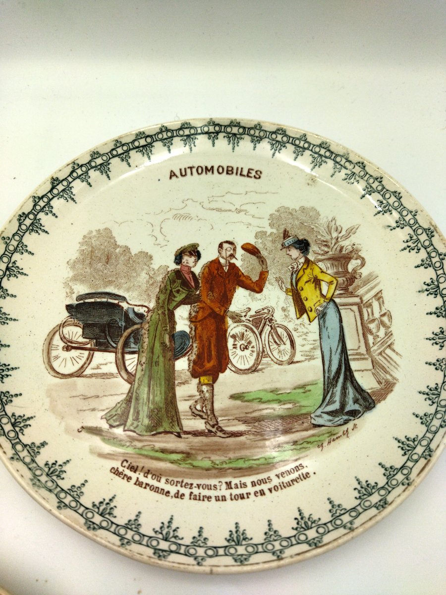 CREIL & MONTEREAU 3 Assiettes Anciennes  Légendées Thème AUTOMOBILE Faience XIX COLLECTION-photo-2