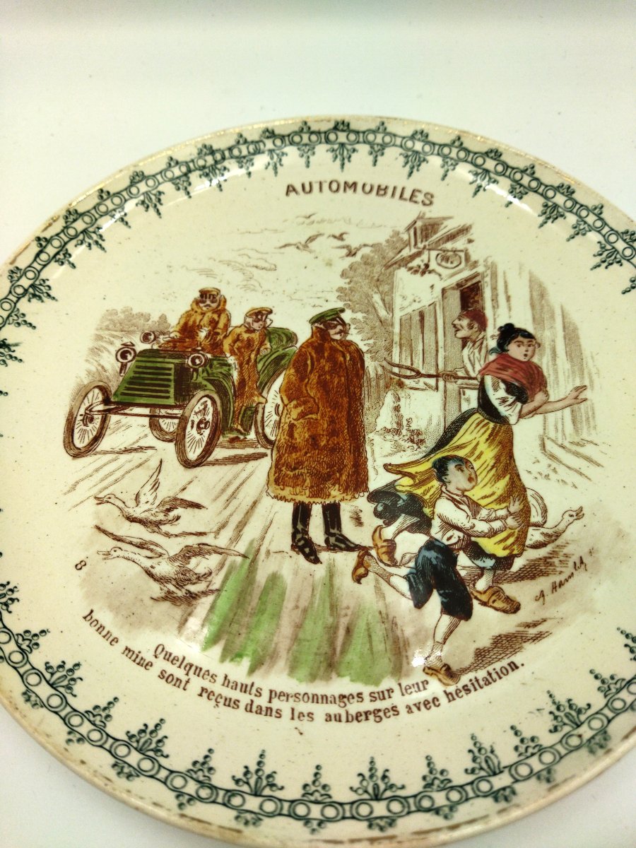CREIL & MONTEREAU 3 Assiettes Anciennes  Légendées Thème AUTOMOBILE Faience XIX COLLECTION-photo-3