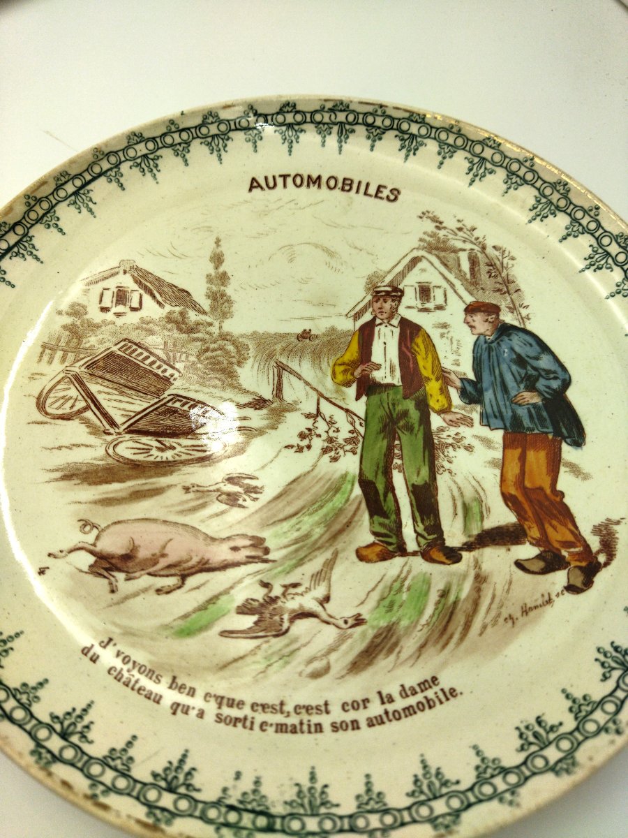 CREIL & MONTEREAU 3 Assiettes Anciennes  Légendées Thème AUTOMOBILE Faience XIX COLLECTION-photo-4