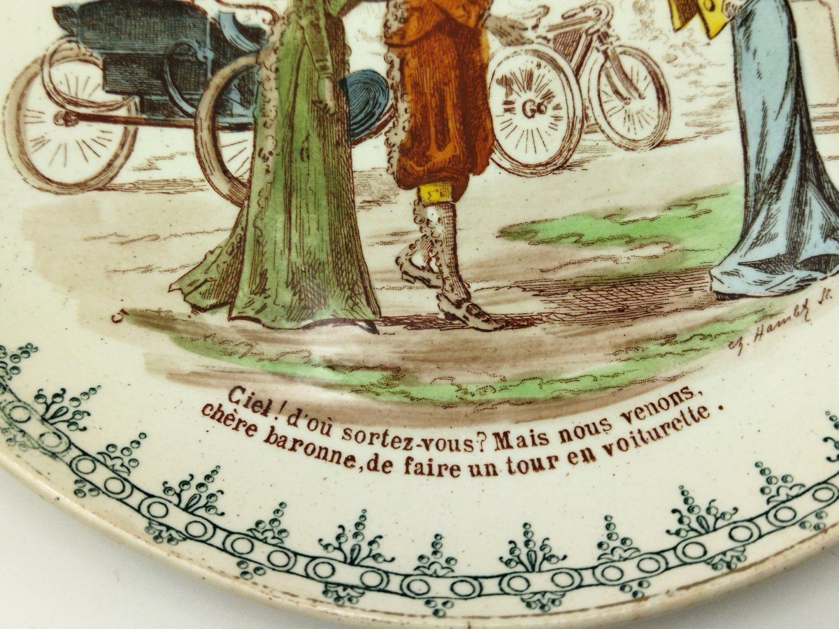 CREIL & MONTEREAU 3 Assiettes Anciennes  Légendées Thème AUTOMOBILE Faience XIX COLLECTION-photo-4