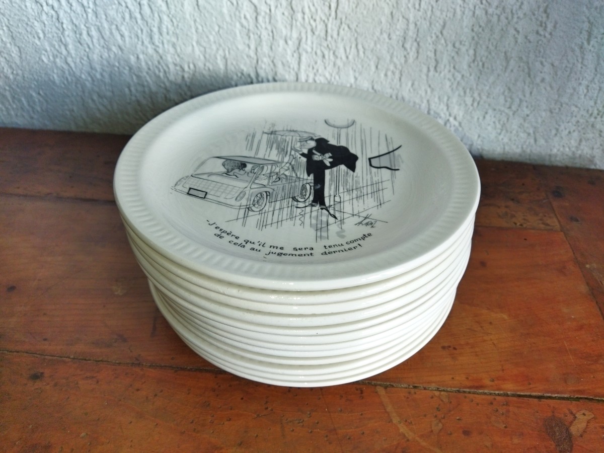 Jacques Faizant, Illustrator. Series Of 12 Illustrated And Captioned Dessert Plates. Collection