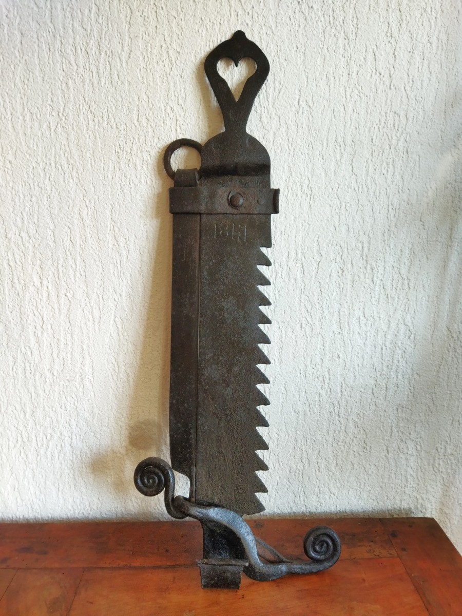 Wrought Iron Rack Dated 1867, Decorated With A Heart Motif. Antique Fireplace Accessory, 19th Century Collection.