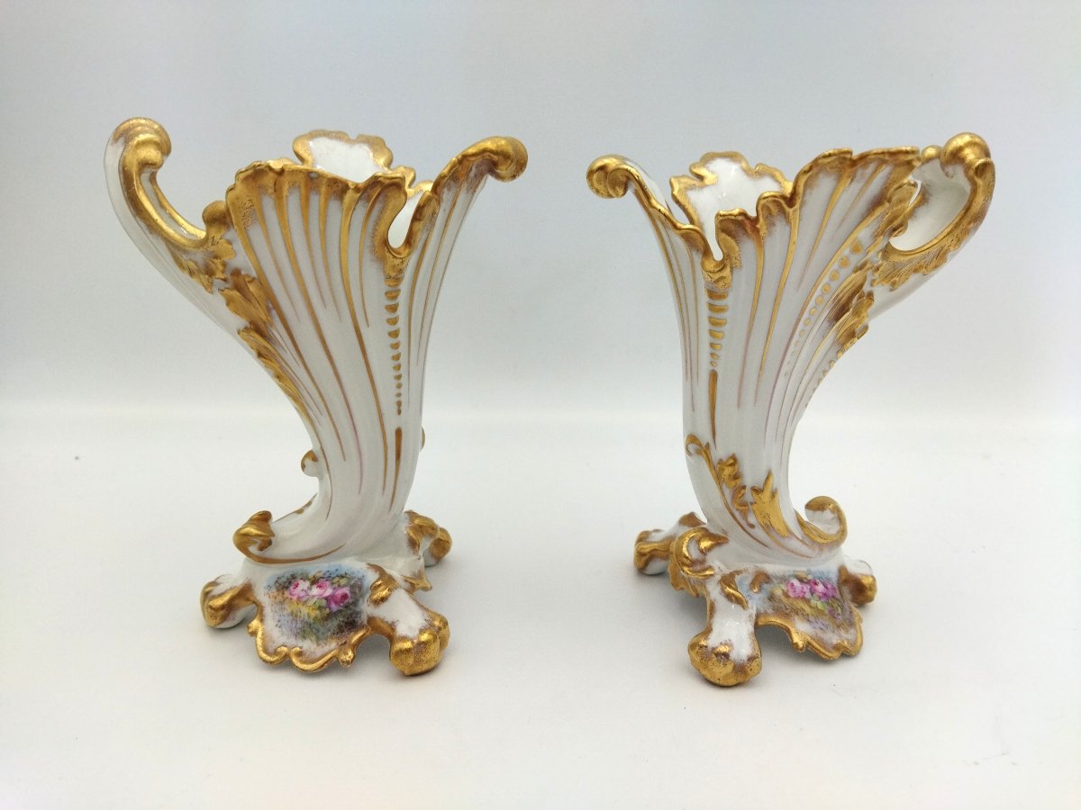 PAIRE DE VASES Porcelaine de LIMOGES Corne d'Abondance Décor Floral et Dorures Paul PASTAUD-photo-2