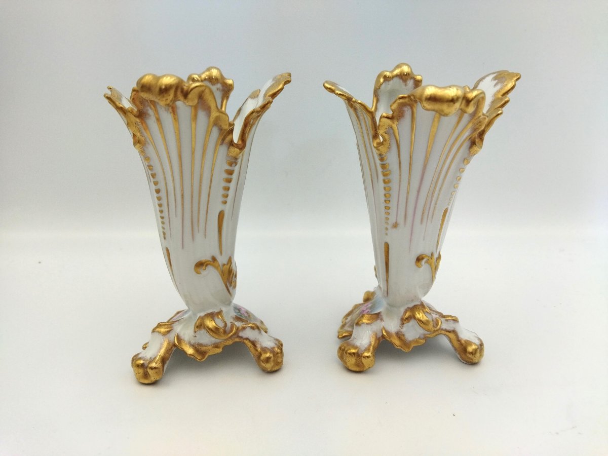 PAIRE DE VASES Porcelaine de LIMOGES Corne d'Abondance Décor Floral et Dorures Paul PASTAUD-photo-3