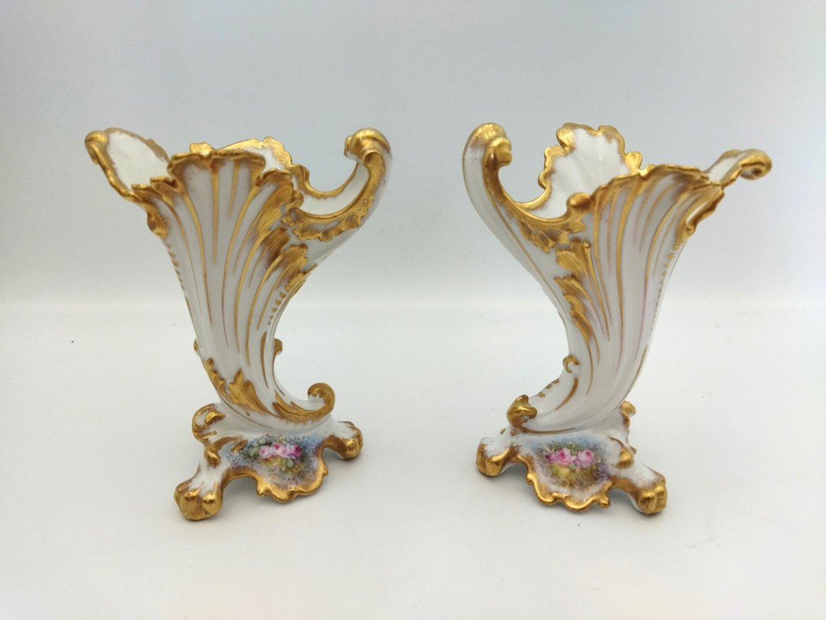 PAIRE DE VASES Porcelaine de LIMOGES Corne d'Abondance Décor Floral et Dorures Paul PASTAUD-photo-4