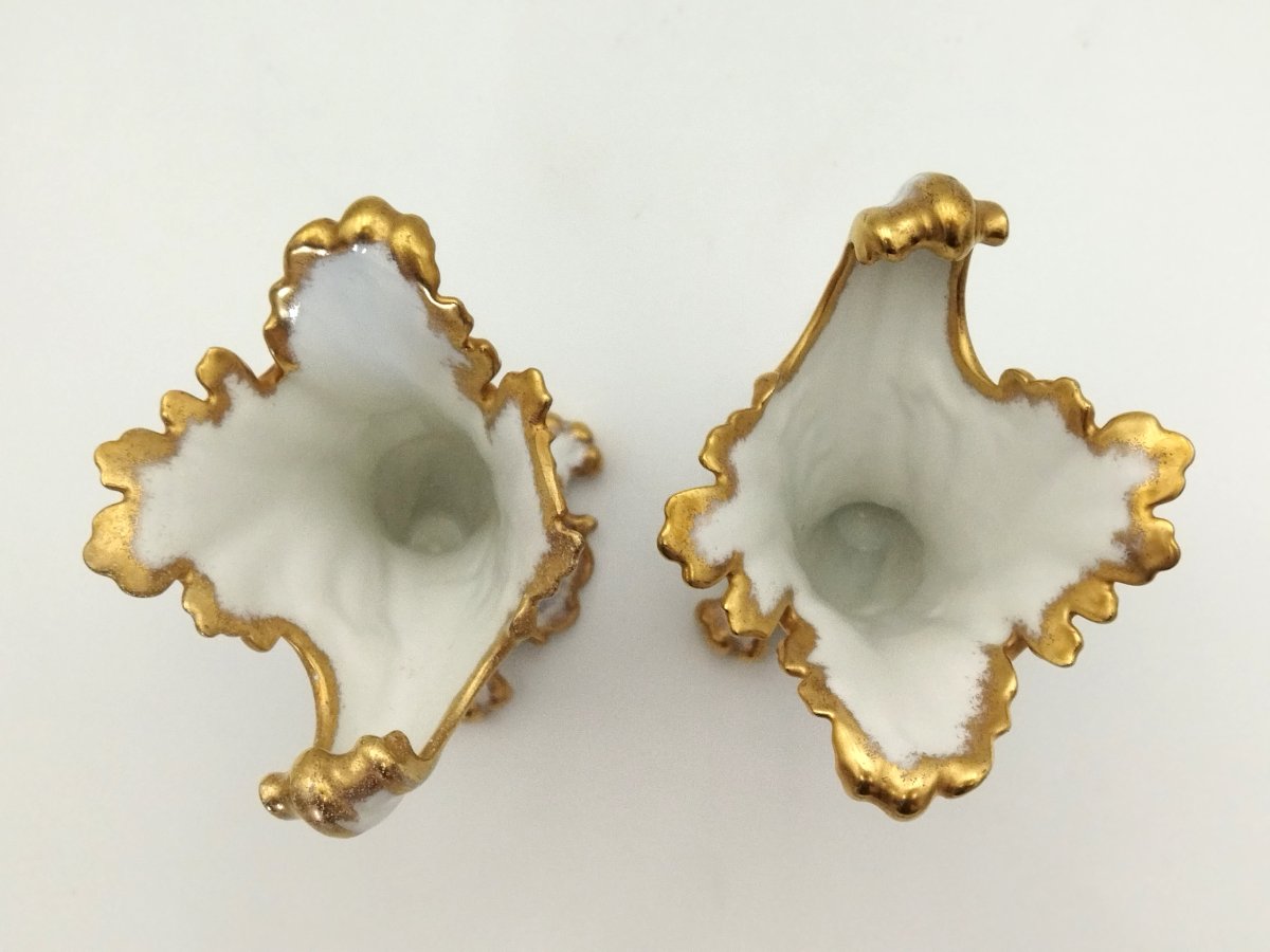 PAIRE DE VASES Porcelaine de LIMOGES Corne d'Abondance Décor Floral et Dorures Paul PASTAUD-photo-3