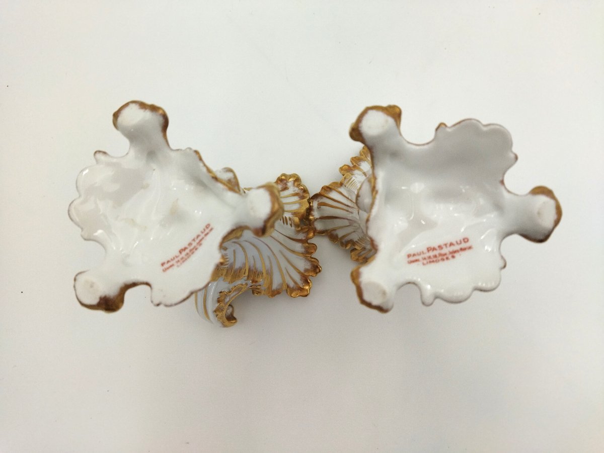 PAIRE DE VASES Porcelaine de LIMOGES Corne d'Abondance Décor Floral et Dorures Paul PASTAUD-photo-5