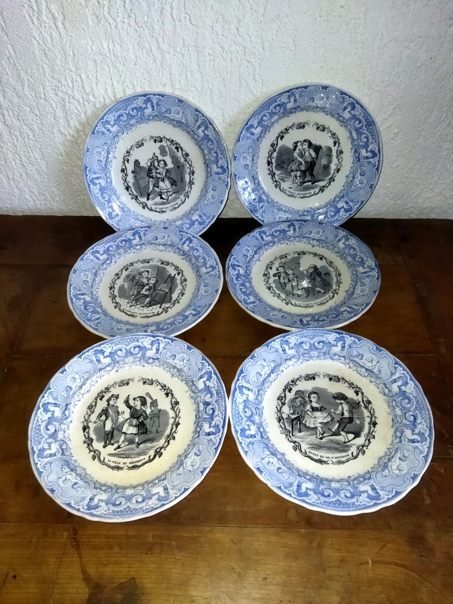 VIEILLARD JOHNSTON BORDEAUX  Série 6 Assiettes Illustrées Légendées Faience XIX Thème du VIN -photo-2