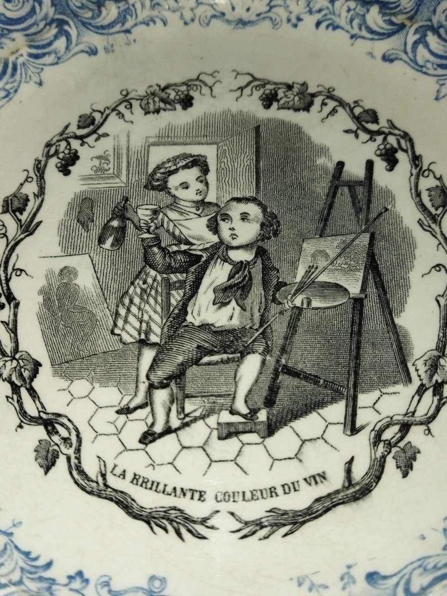 VIEILLARD JOHNSTON BORDEAUX  Série 6 Assiettes Illustrées Légendées Faience XIX Thème du VIN -photo-2