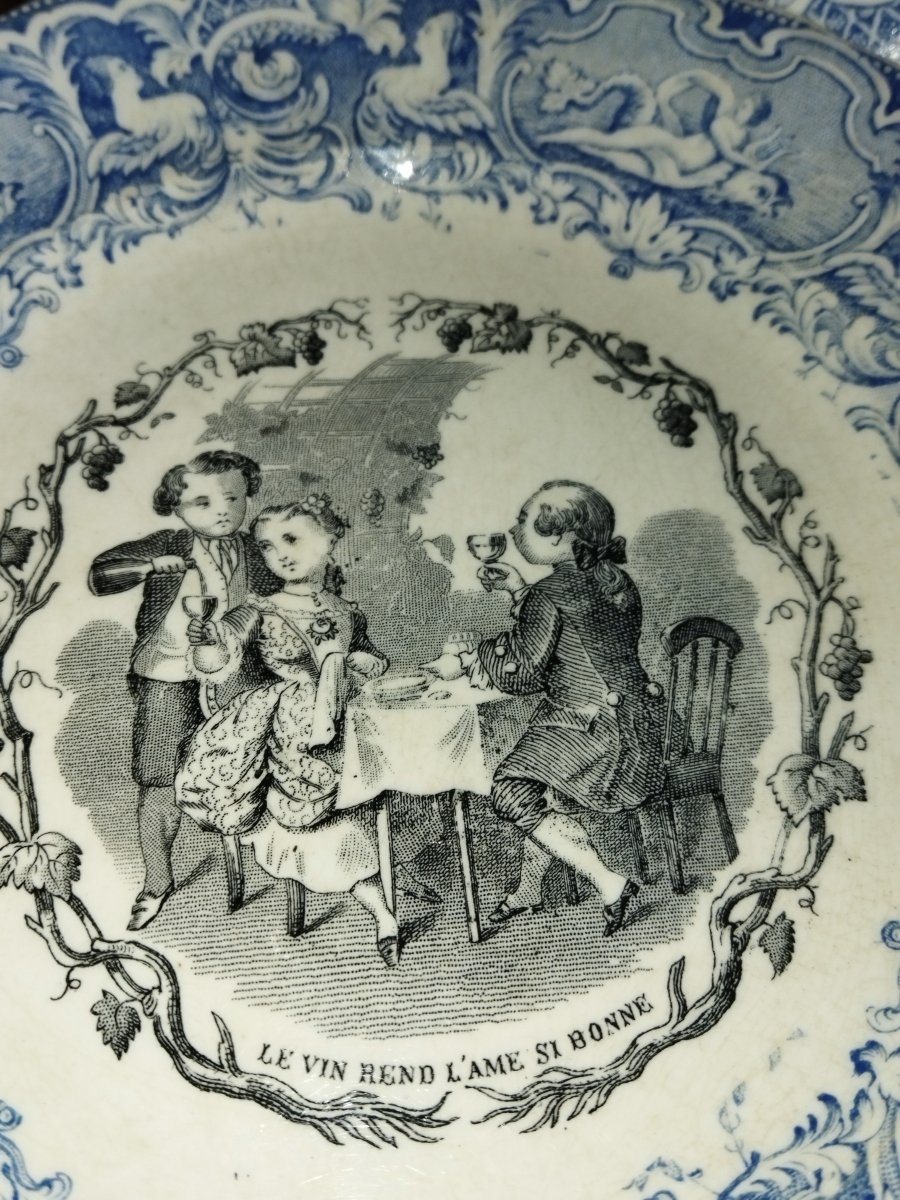 VIEILLARD JOHNSTON BORDEAUX  Série 6 Assiettes Illustrées Légendées Faience XIX Thème du VIN -photo-5