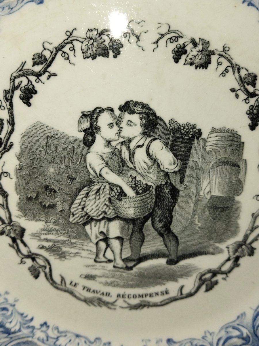 VIEILLARD JOHNSTON BORDEAUX  Série 6 Assiettes Illustrées Légendées Faience XIX Thème du VIN -photo-6