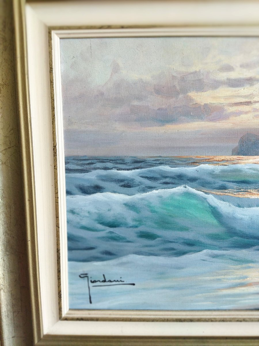 Giordani Oil On Canvas Landscape Coastal Sea Cliff Rough Sea-photo-3