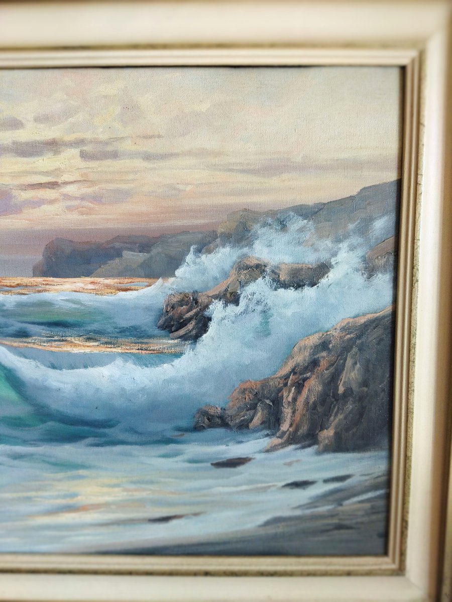 Giordani Oil On Canvas Landscape Coastal Sea Cliff Rough Sea-photo-4