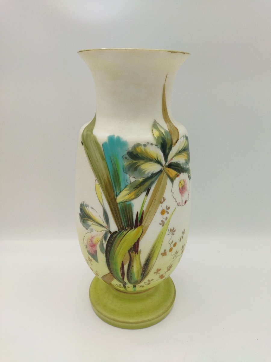 ART NOUVEAU VASE Opalin Émaillé à Motif de Jonquille  Peint Main  1900 COLLECTION