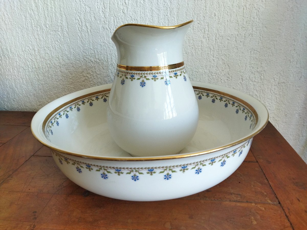 Limoges Mandavy De Mavaleix Grand Bassin Cuvette & Son Broc De Toilette Doré à Décor De Bleuets-photo-3
