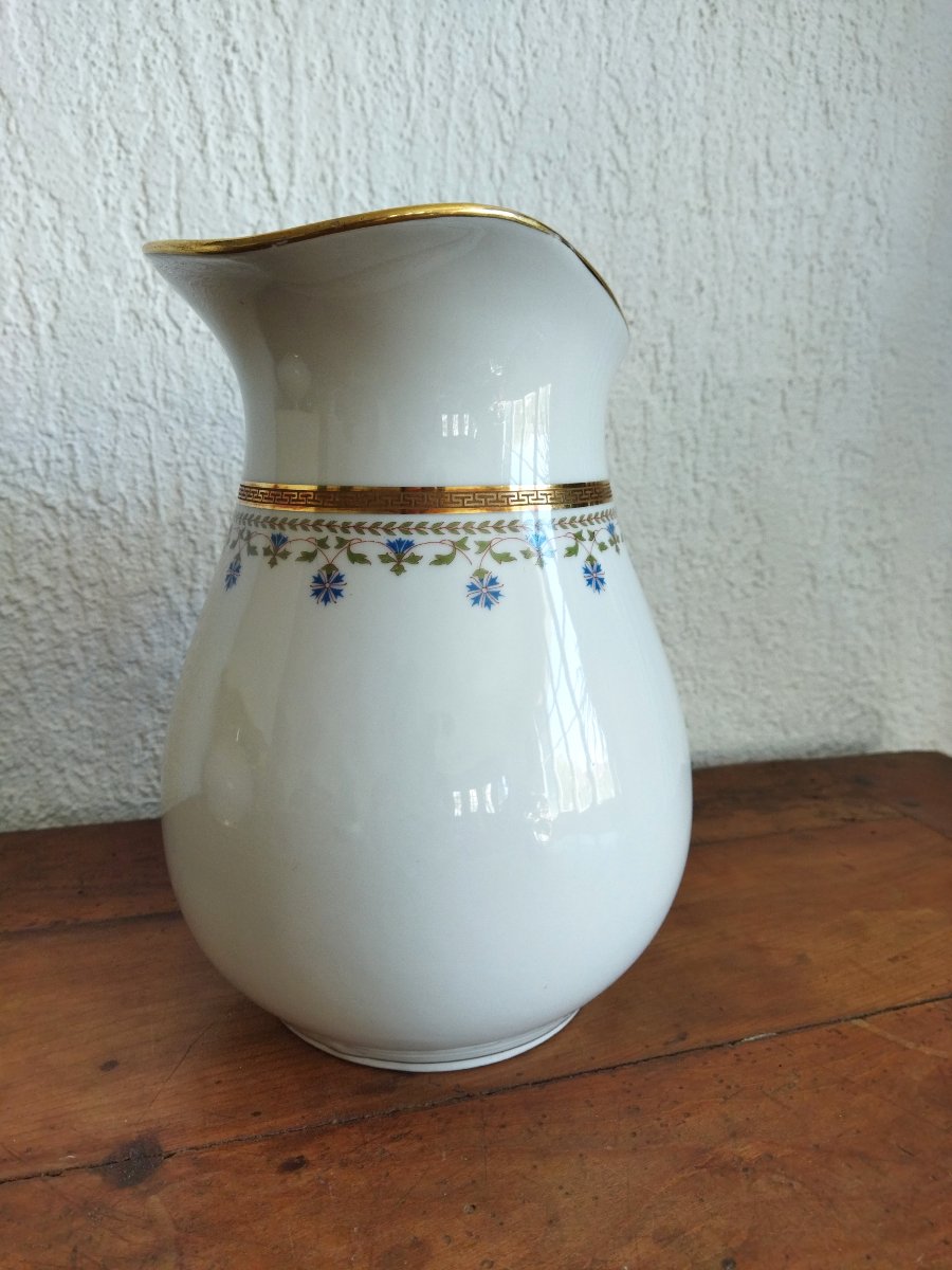 Limoges Mandavy De Mavaleix Grand Bassin Cuvette & Son Broc De Toilette Doré à Décor De Bleuets-photo-3