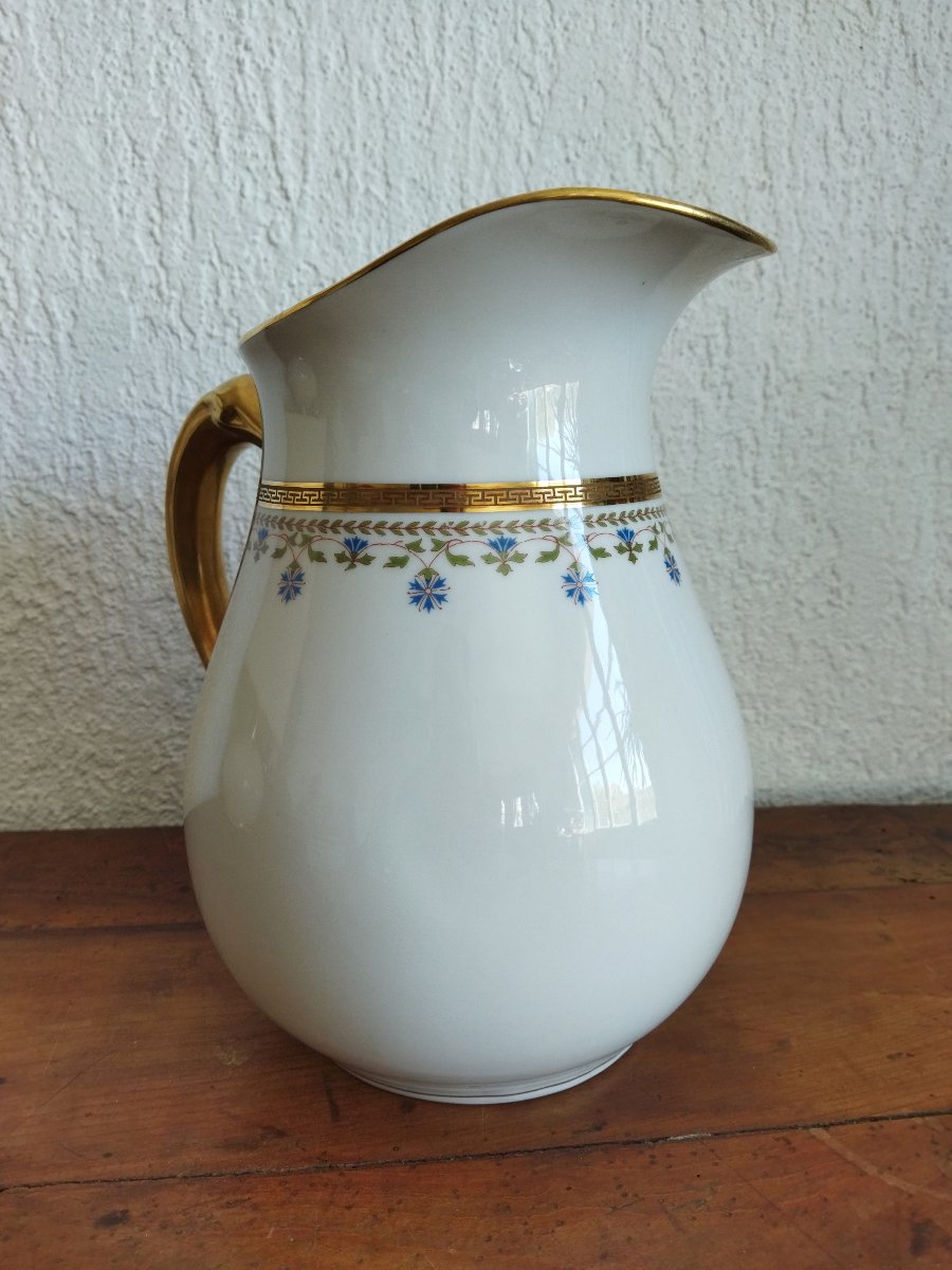 Limoges Mandavy De Mavaleix Grand Bassin Cuvette & Son Broc De Toilette Doré à Décor De Bleuets-photo-4