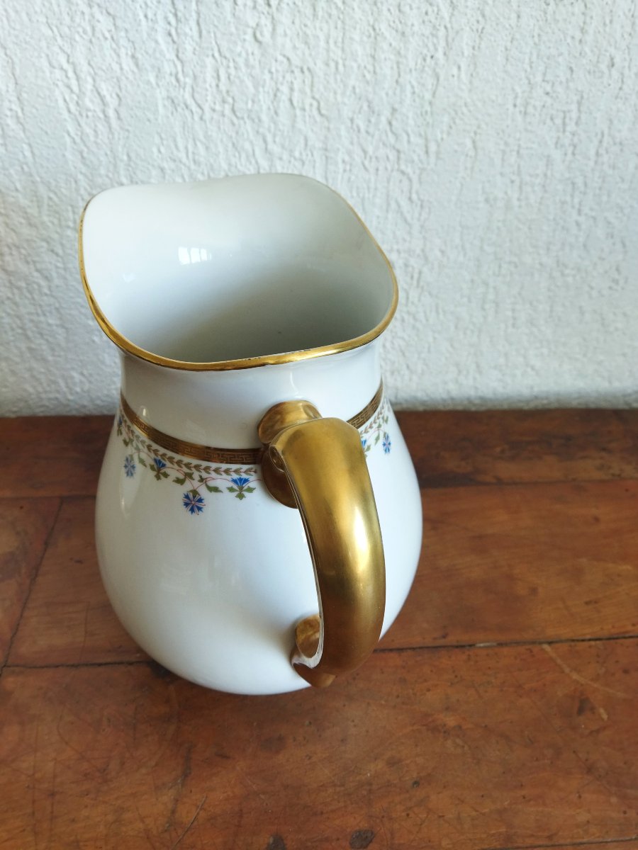 Limoges Mandavy De Mavaleix Grand Bassin Cuvette & Son Broc De Toilette Doré à Décor De Bleuets-photo-5