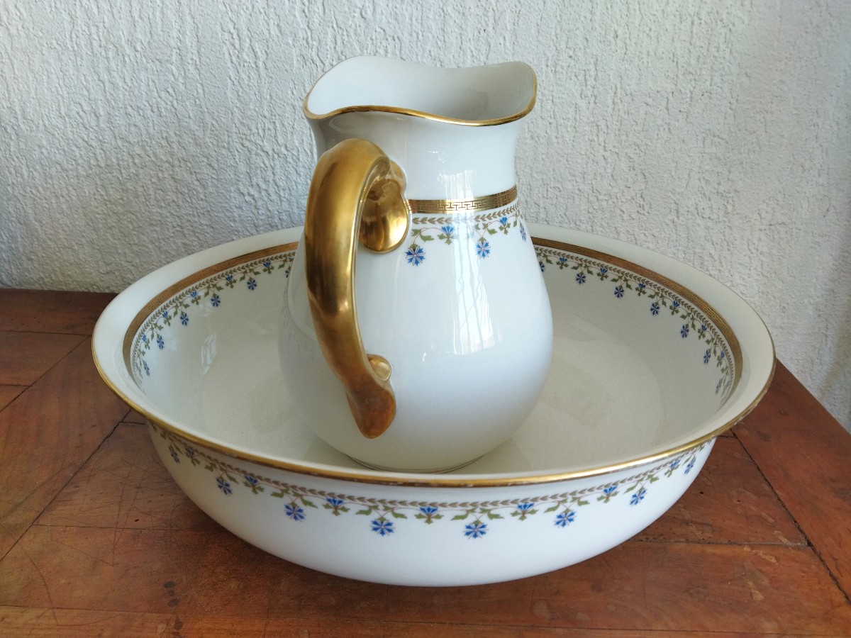 Limoges Mandavy De Mavaleix Grand Bassin Cuvette & Son Broc De Toilette Doré à Décor De Bleuets