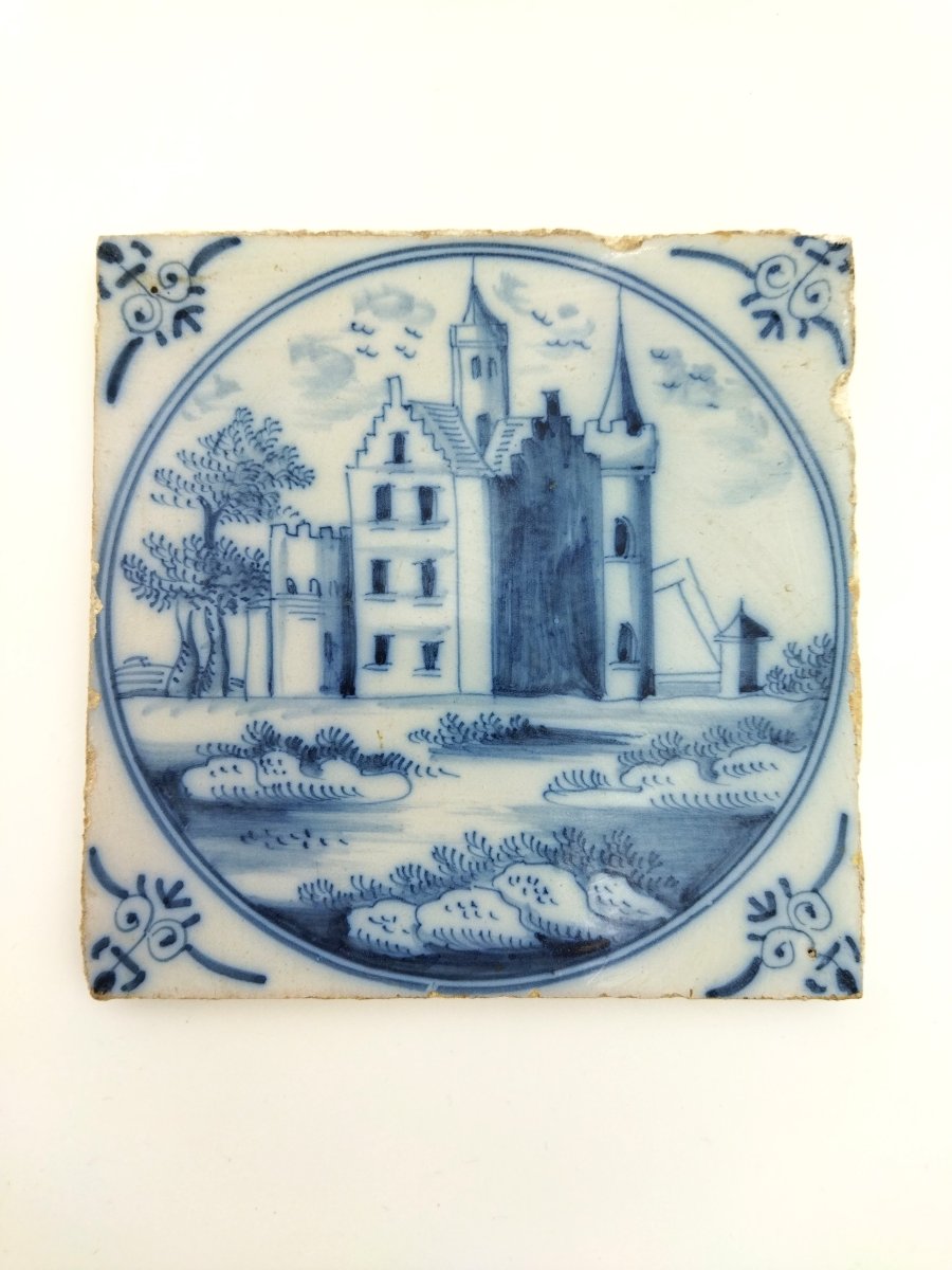 Series Of 6 Antique Delft Ceramic Tiles With Country Chateaux...-photo-2