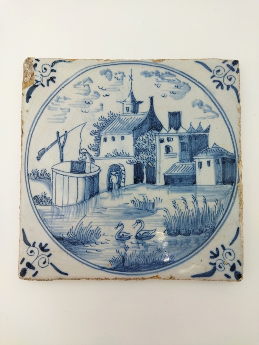 Series Of 6 Antique Delft Ceramic Tiles With Country Chateaux...-photo-3