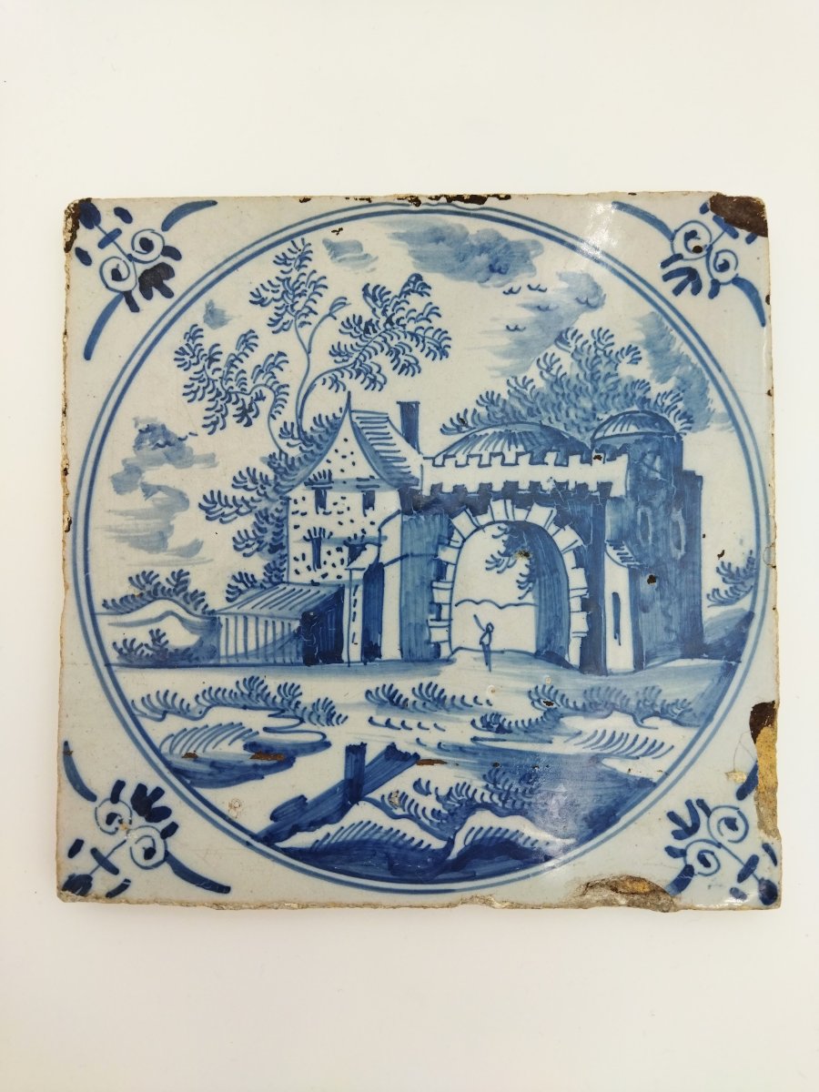 Series Of 6 Antique Delft Ceramic Tiles With Country Chateaux...-photo-4