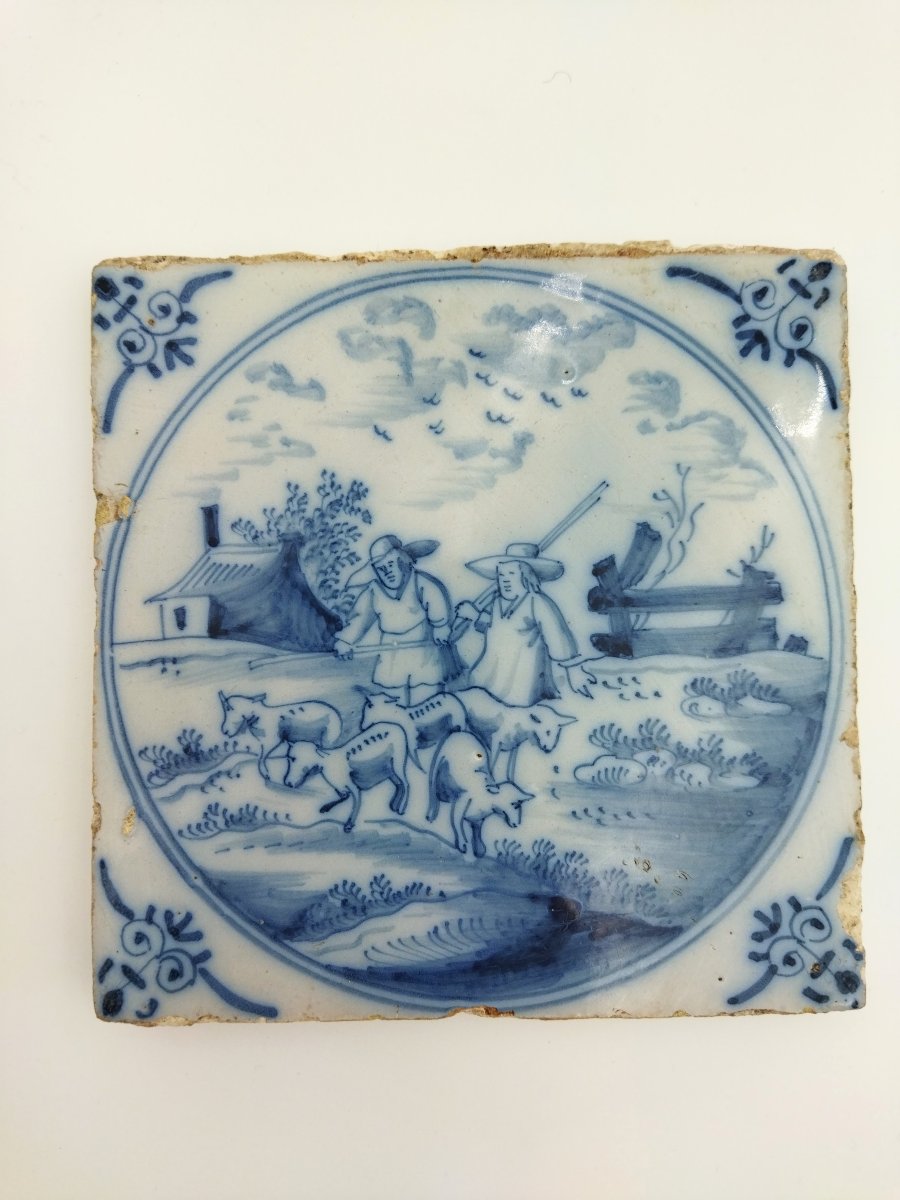 Series Of 6 Antique Delft Ceramic Tiles With Country Chateaux...-photo-6