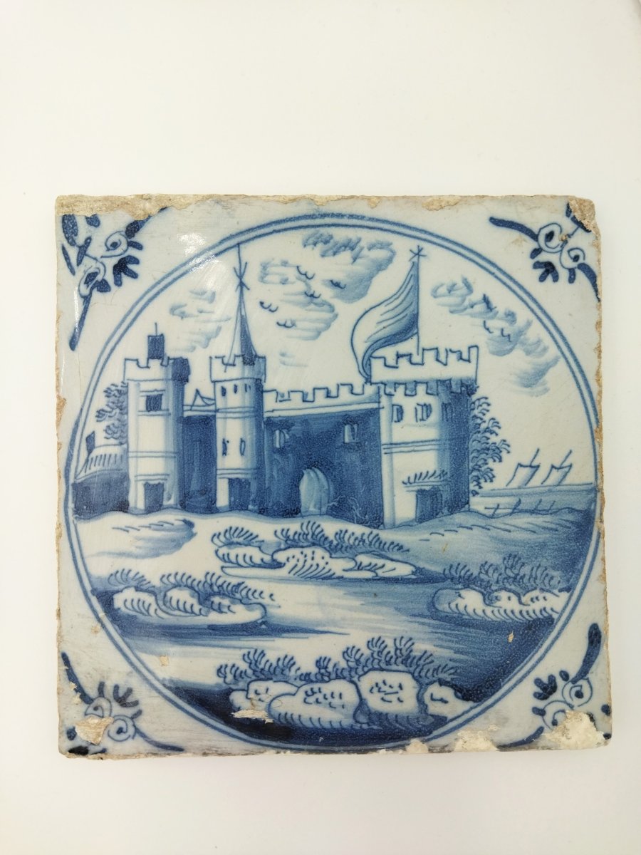 Series Of 6 Antique Delft Ceramic Tiles With Country Chateaux...-photo-7