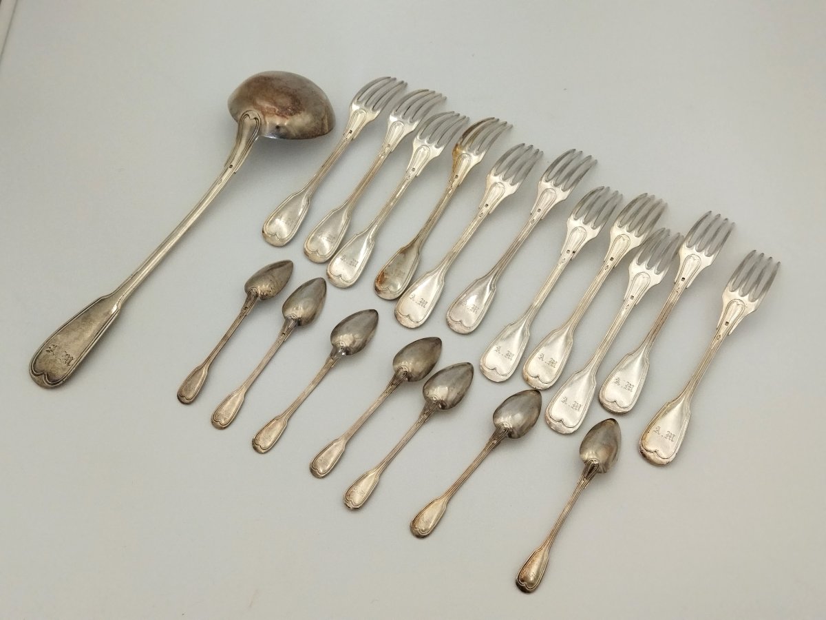 ARGENT MASSIF MINERVE Fourchettes (11) et Cuillères à Café (7) Poinçons XIX Orfèvre MAITREAU -photo-1