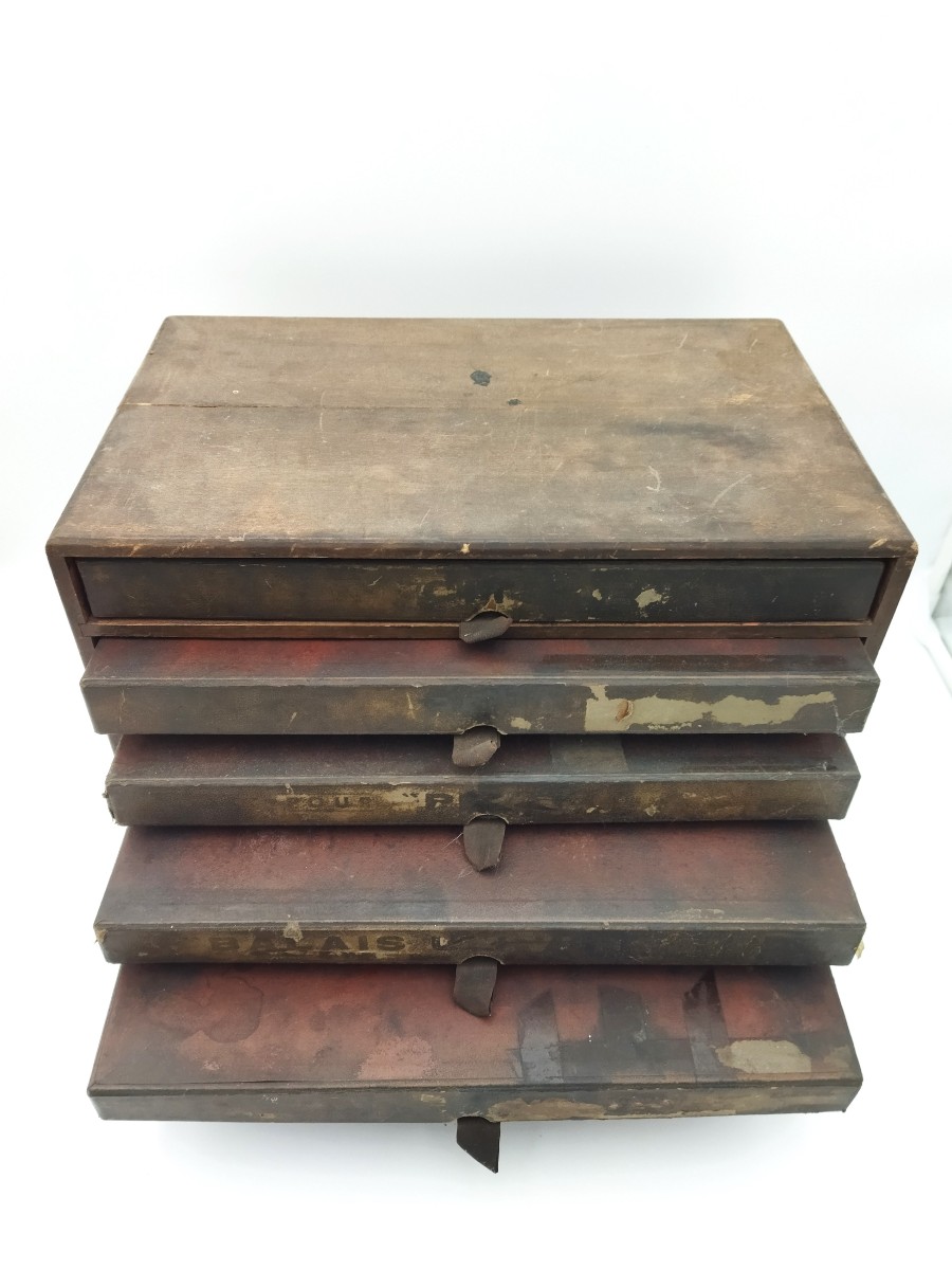 Automobilia Meuble De Métier Ancien 6 Tiroirs Rangements Pièces Mécaniques Auto